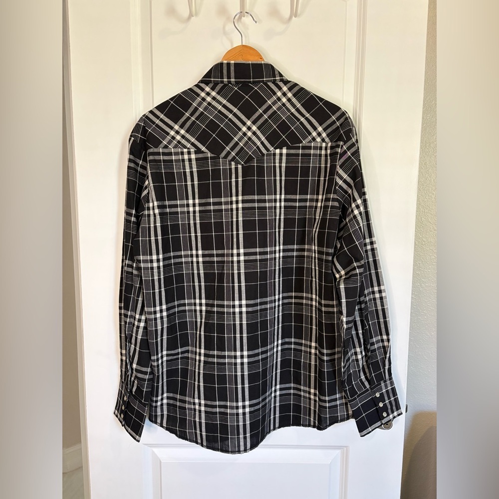 Wrangler Western Plaid Shirt Pearl Snap Long Sleeve Black White Size Large - Picture 10 of 12